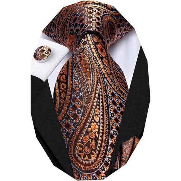 Mens Paisley Floral Silk Tie for Men Striped Necktie and Pocket Square Cufflinks - Picture 6 of 6